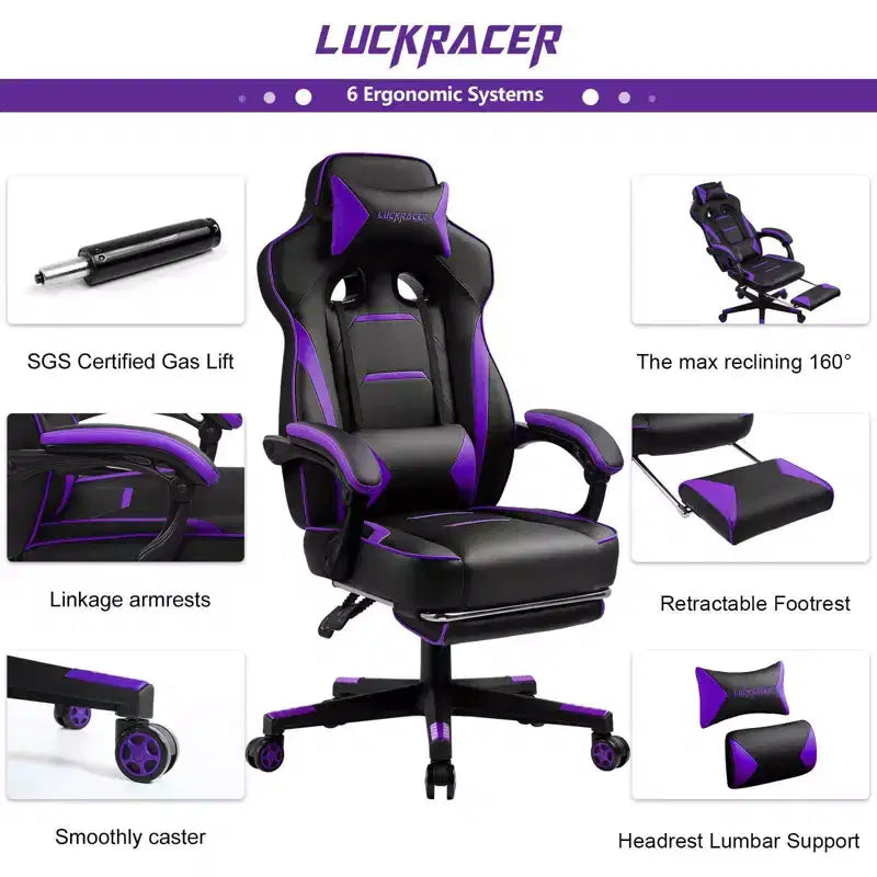 Sedia Gaming LUCKRACER con Poggiapiedi, Sedia da Scrivania con Schienale Alto, Sedia da Ufficio, Viola