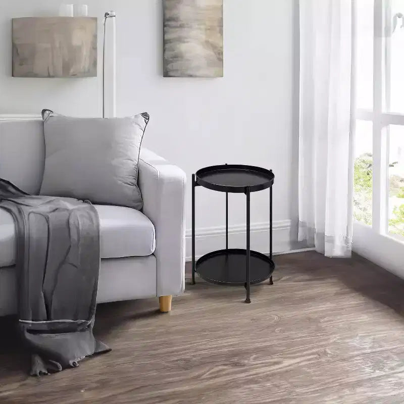 15" Modern Side End Table Metal Round Tray Top Foldable Legs Black