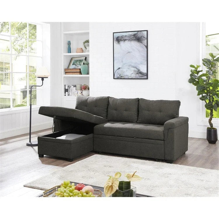 Umbaubares, beidseitig montierbares Ecksofa mit ausziehbarem Schlafbett, verstecktem Stauraum in der Recamiere und robusten Beinen