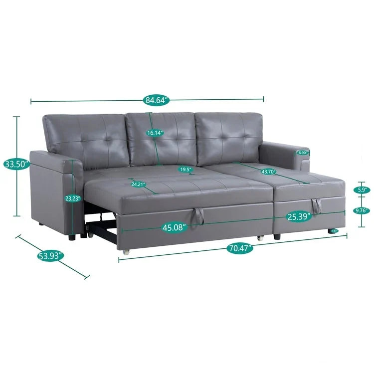 Umbaubares, beidseitig montierbares Ecksofa mit ausziehbarem Schlafbett, verstecktem Stauraum in der Recamiere und robusten Beinen