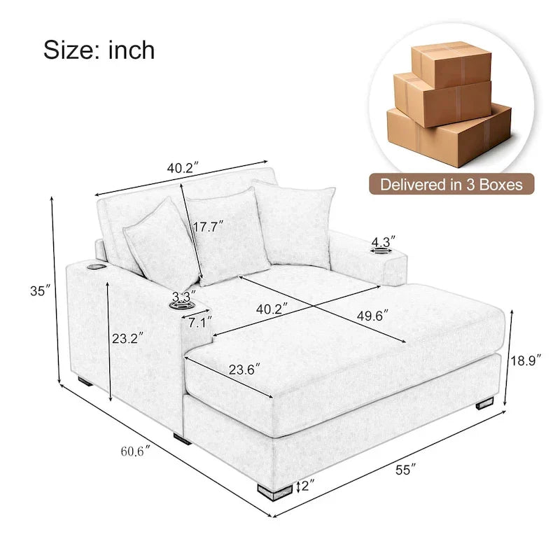 Extra grote chaise longue met kussens, verkrijgbaar in drie maten