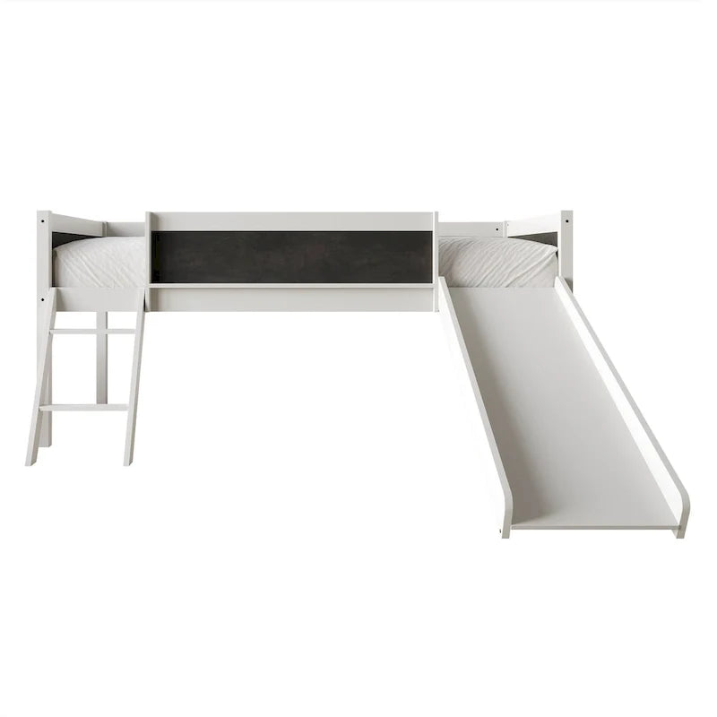 Letto a soppalco basso classico singolo CraftPorch con lavagna, scivolo e scaletta