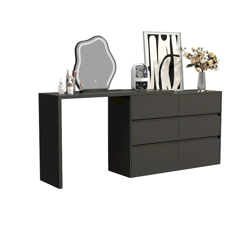 Cassettiera e Scrivania Girevole a 32,7H, con 6 Cassetti, Tavolo da Trucco, Bianco/Nero
