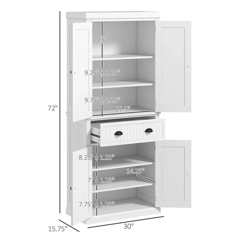 Armadio dispensa da cucina da 72 pollici, mobile tradizionale autoportante con 4 ante e 3 ripiani regolabili, ampio cassetto centrale