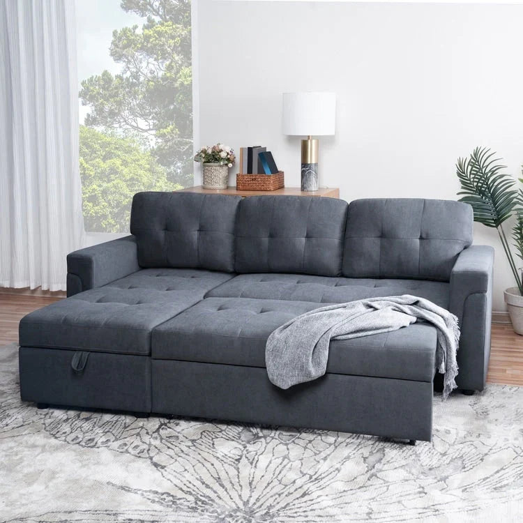Umbaubares, beidseitig montierbares Ecksofa mit ausziehbarem Schlafbett, verstecktem Stauraum in der Recamiere und robusten Beinen
