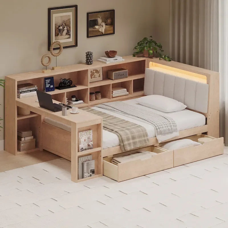Divano Letto a "L" in Legno con Scrivania, Mobile Libreria, Letto Angolare con Cassetti Sottostanti, Testiera Imbottita con Luce Integrata