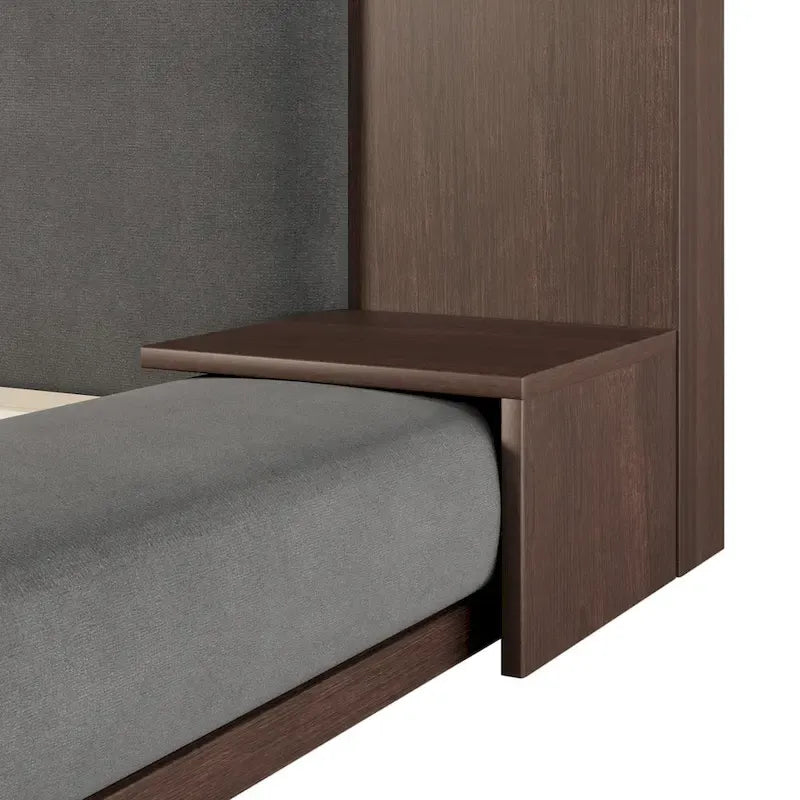 Letto imbottito King Gray Floor a basso profilo con testiera estesa in legno, mensole comodino integrate