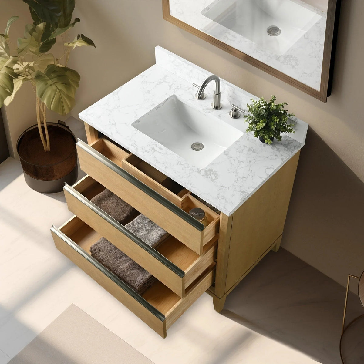 Badunterschrank von Vanity Art mit Keramikwaschbecken und Kunstmarmorplatte