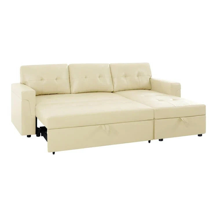 Umbaubares, beidseitig montierbares Ecksofa mit ausziehbarem Schlafbett, verstecktem Stauraum in der Recamiere und robusten Beinen