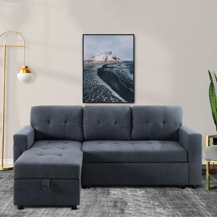 Divano componibile reversibile trasformabile con letto estraibile, chaise longue con contenitore nascosto e gambe resistenti