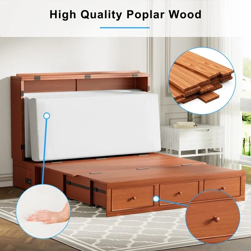 Murphy Bed with Foldable Mattress, Modern Cube Cabinet Bed with Storage Drawer & USB Charging Station