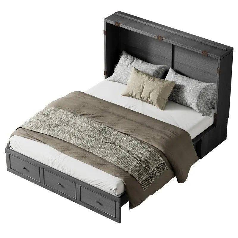 Murphy Bed with Foldable Mattress, Modern Cube Cabinet Bed with Storage Drawer & USB Charging Station