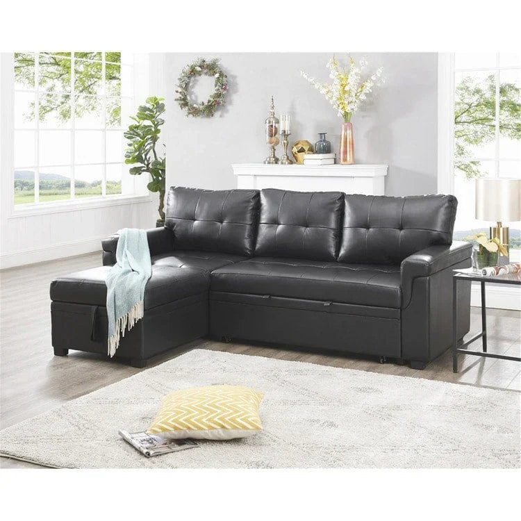 Divano componibile reversibile trasformabile con letto estraibile, chaise longue con contenitore nascosto e gambe resistenti