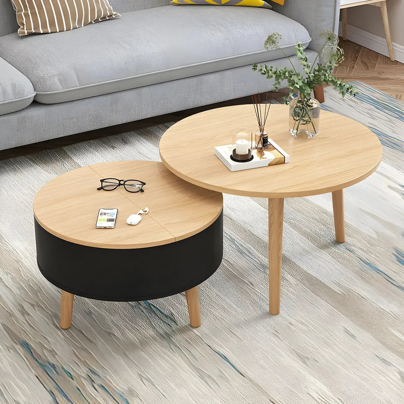 Tavolino da caffè rotondo moderno in legno bianco e nero con contenitore