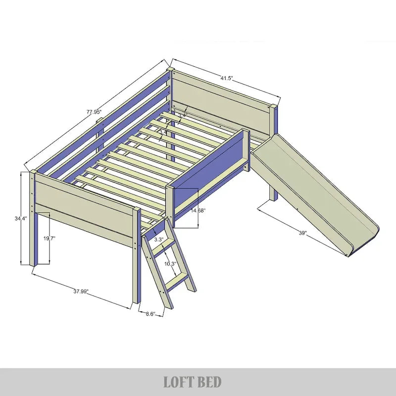 Letto a soppalco basso classico singolo CraftPorch con lavagna, scivolo e scaletta