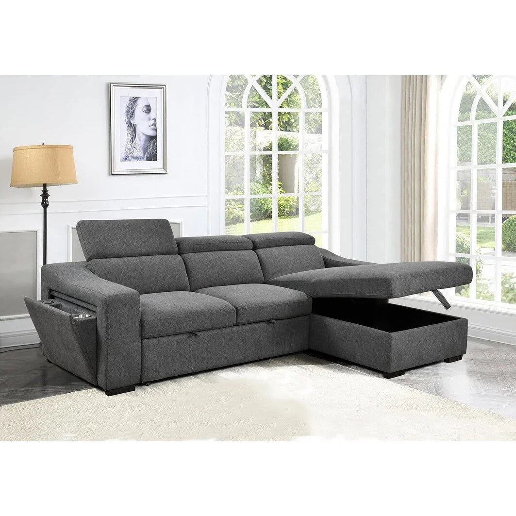 Divano componibile trasformabile Roomfitters 103 con chaise longue contenitore, poggiatesta regolabili, divano letto angolare a L, grigio scuro