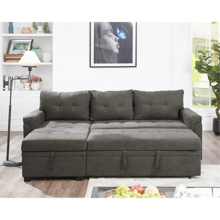 Umbaubares, beidseitig montierbares Ecksofa mit ausziehbarem Schlafbett, verstecktem Stauraum in der Recamiere und robusten Beinen