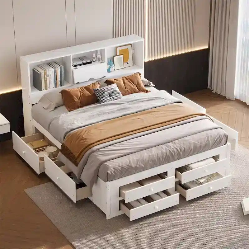 Letto a piattaforma King Size con testiera contenitore e 8 cassetti