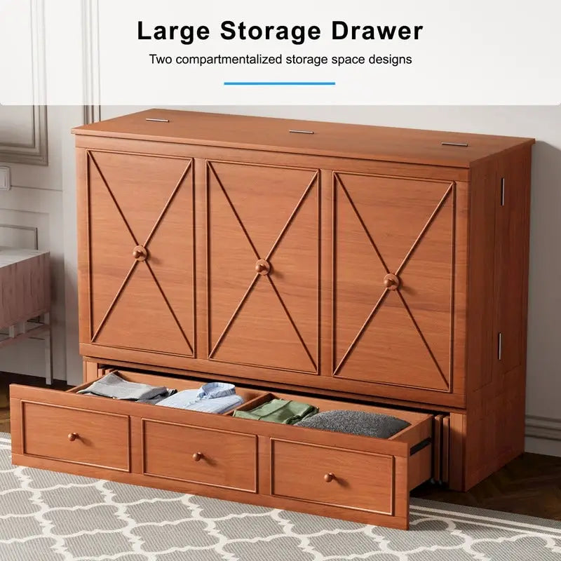 Murphy Bed with Foldable Mattress, Modern Cube Cabinet Bed with Storage Drawer & USB Charging Station