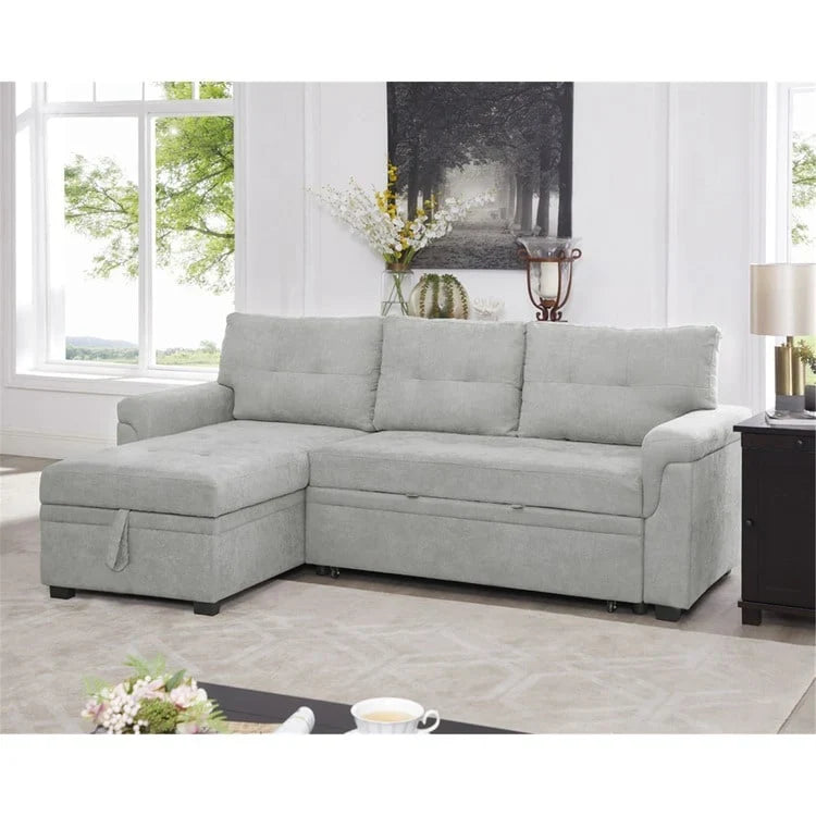 Divano componibile reversibile trasformabile con letto estraibile, chaise longue con contenitore nascosto e gambe resistenti