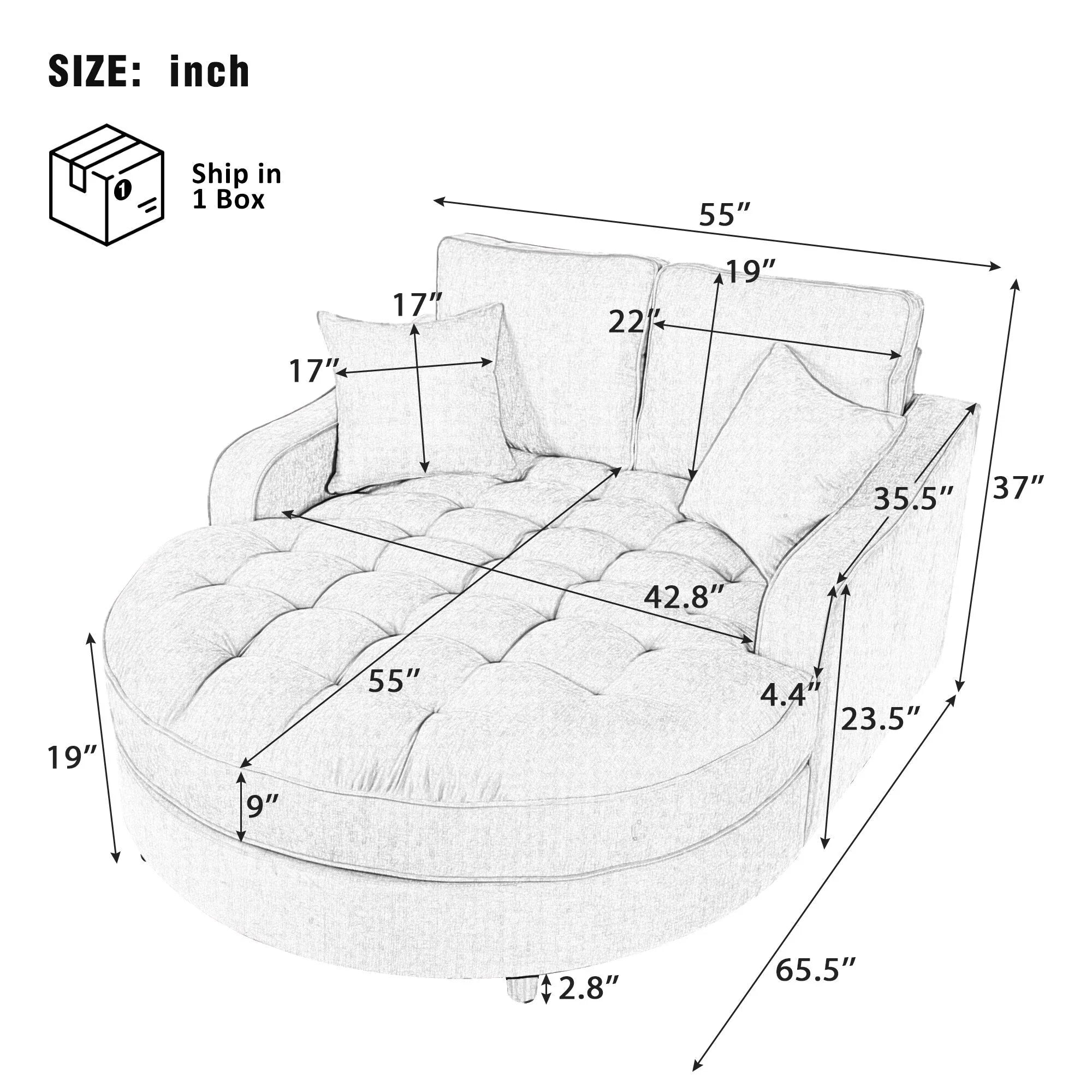 Divano Letto Chaise Longue in ciniglia, Divano Imbottito con Schienale Trapuntato e 2 Cuscini Rimovibili per Soggiorno