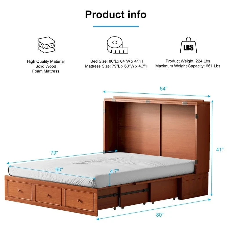 Murphy Bed with Foldable Mattress, Modern Cube Cabinet Bed with Storage Drawer & USB Charging Station