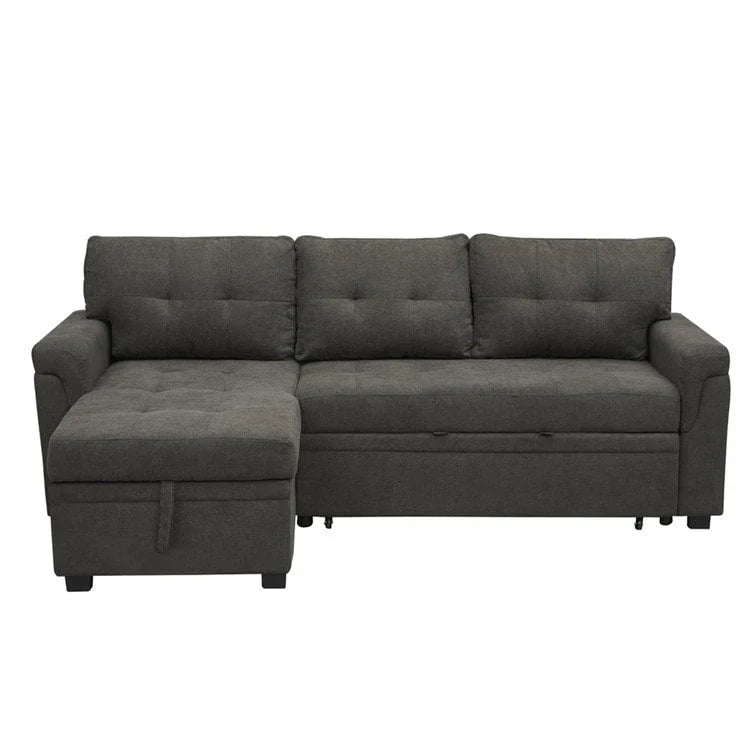 Umbaubares, beidseitig montierbares Ecksofa mit ausziehbarem Schlafbett, verstecktem Stauraum in der Recamiere und robusten Beinen