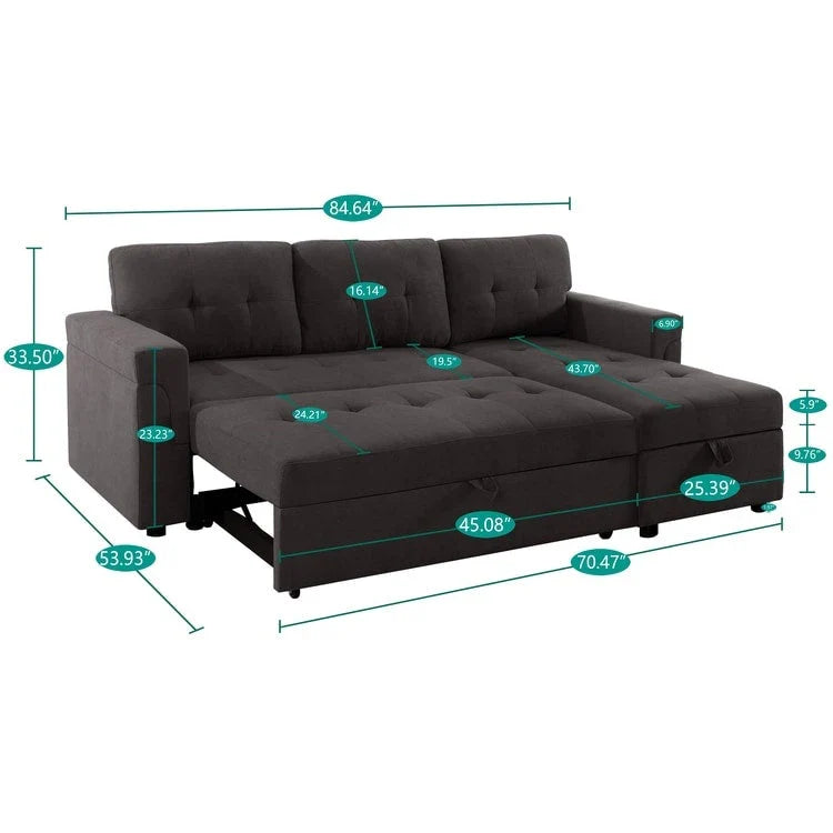 Umbaubares, beidseitig montierbares Ecksofa mit ausziehbarem Schlafbett, verstecktem Stauraum in der Recamiere und robusten Beinen