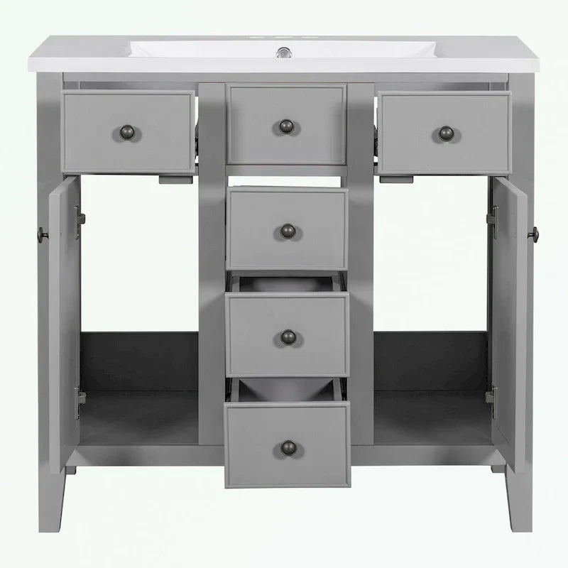 Mobile bagno con lavabo in ceramica, due ante e cinque cassetti