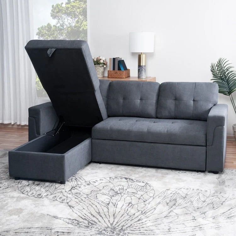 Umbaubares, beidseitig montierbares Ecksofa mit ausziehbarem Schlafbett, verstecktem Stauraum in der Recamiere und robusten Beinen