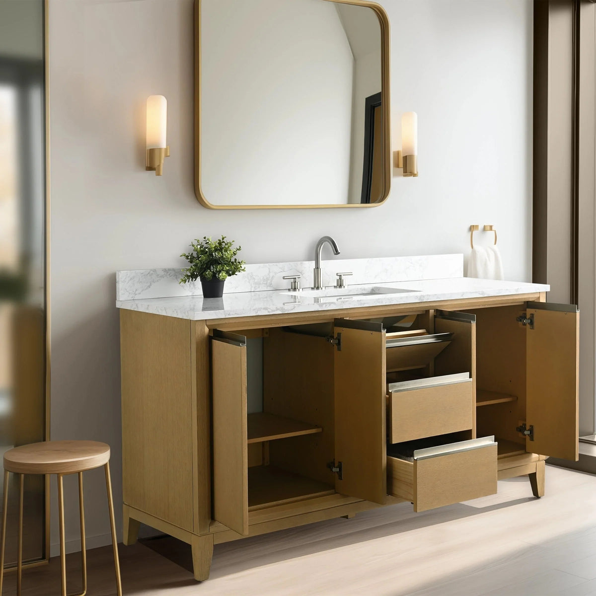 Badunterschrank von Vanity Art mit Keramikwaschbecken und Kunstmarmorplatte