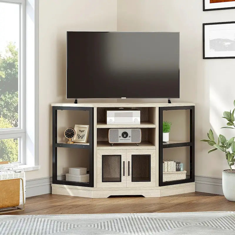 Mobile TV ad angolo in stile rustico con presa di corrente, per TV fino a 55 pollici
