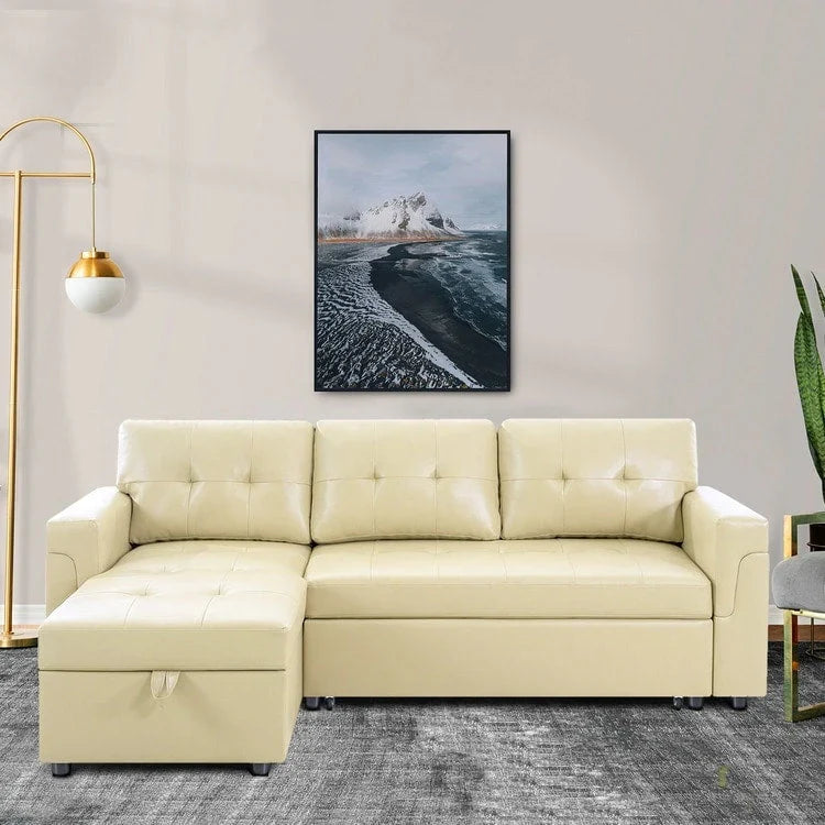Divano componibile reversibile trasformabile con letto estraibile, chaise longue con contenitore nascosto e gambe resistenti