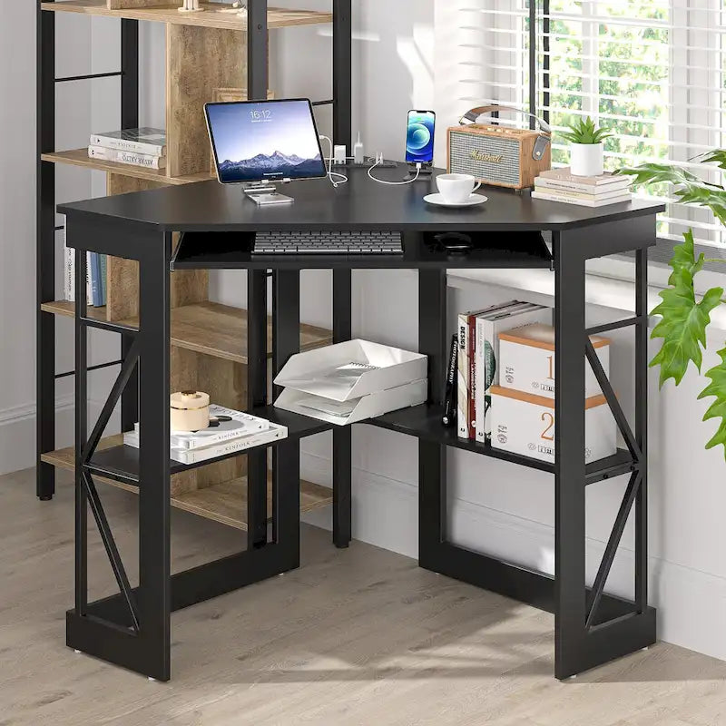 Scrivania ad angolo Scrivania piccola con prese Tavolo ad angolo per piccoli spazi, Scrivania per computer con porte USB Scrivania triangolare con contenitore