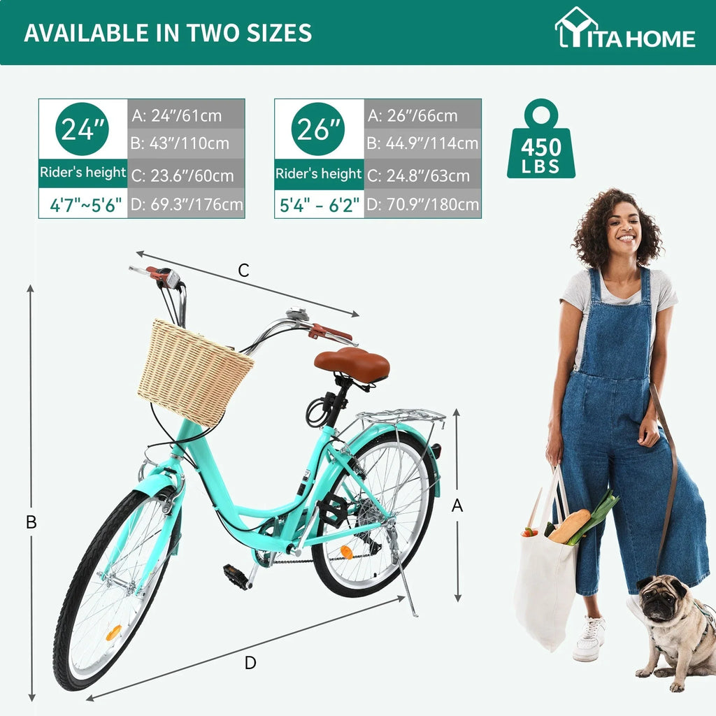 Moasis24/ 26 Cruiser-Fahrrad mit 7 Gängen, verstellbarer Tiefeinstieg, Pendlerfahrrad