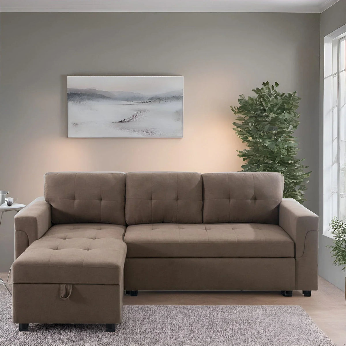 Divano componibile reversibile trasformabile con letto estraibile, chaise longue con contenitore nascosto e gambe resistenti