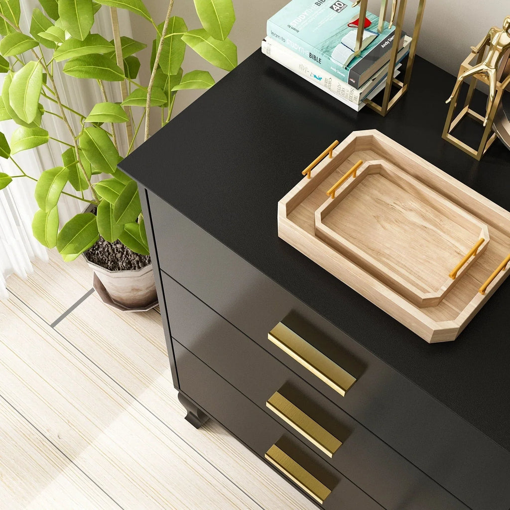 Timechee 6 Drawer 47.2W Double Dresser Solid Wood Legs Lacquer Chest