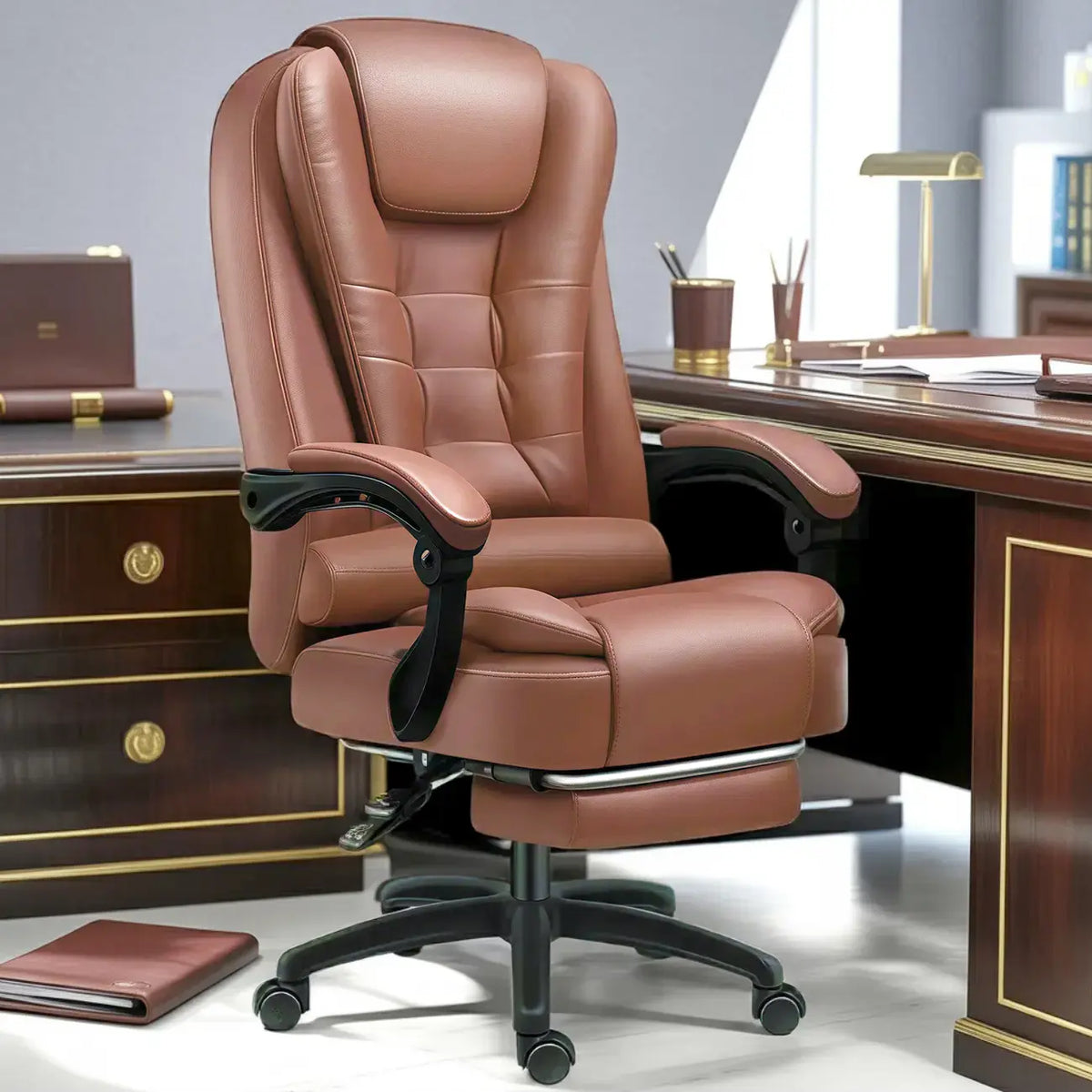 Sedia da ufficio ergonomica girevole in pelle nera con poggiapiedi
