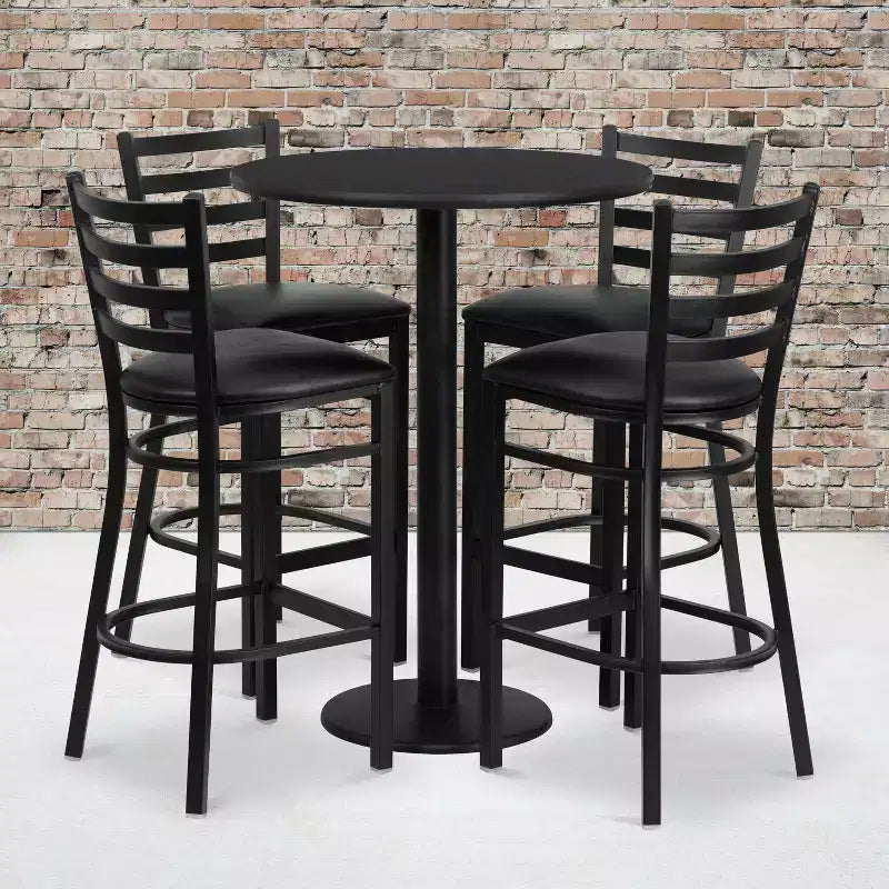 Set tavolo rotondo laminato Flash Furniture da 30'' con base rotonda e 4 sgabelli da bar in metallo con schienale a scala