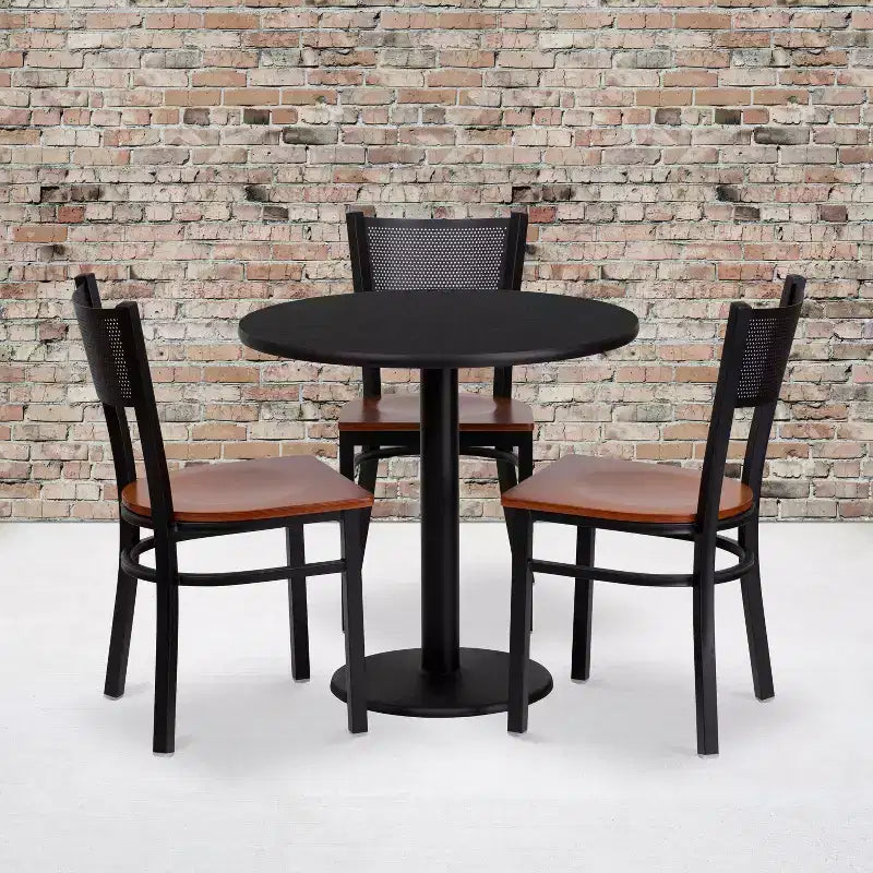 Set Tavolo Rotondo Laminato Nero da 76 cm Flash Furniture con 3 Sedie in Metallo Grid Back - Seduta in Legno di Ciliegio
