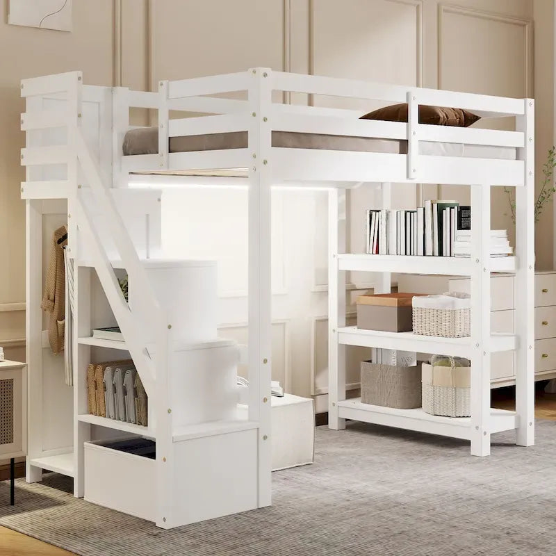 Letto a soppalco singolo/matrimoniale con scala contenitore - Ripiani, armadio e luce LED, design salvaspazio