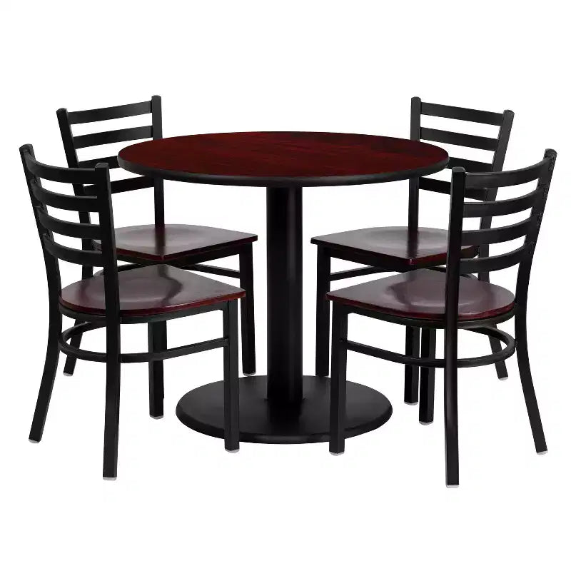 Emma and Oliver 36 Round Mahogany Laminate Table Set, 4 Ladder Back Metal Chairs