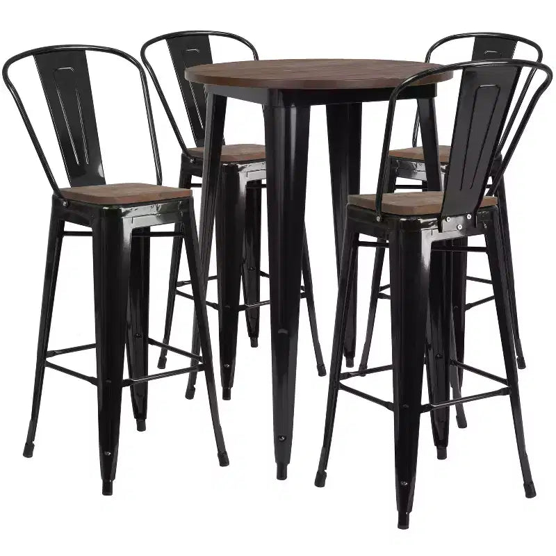 Emma and Oliver 30 Round Metal/Wood Bar Table Set - 4 Stools