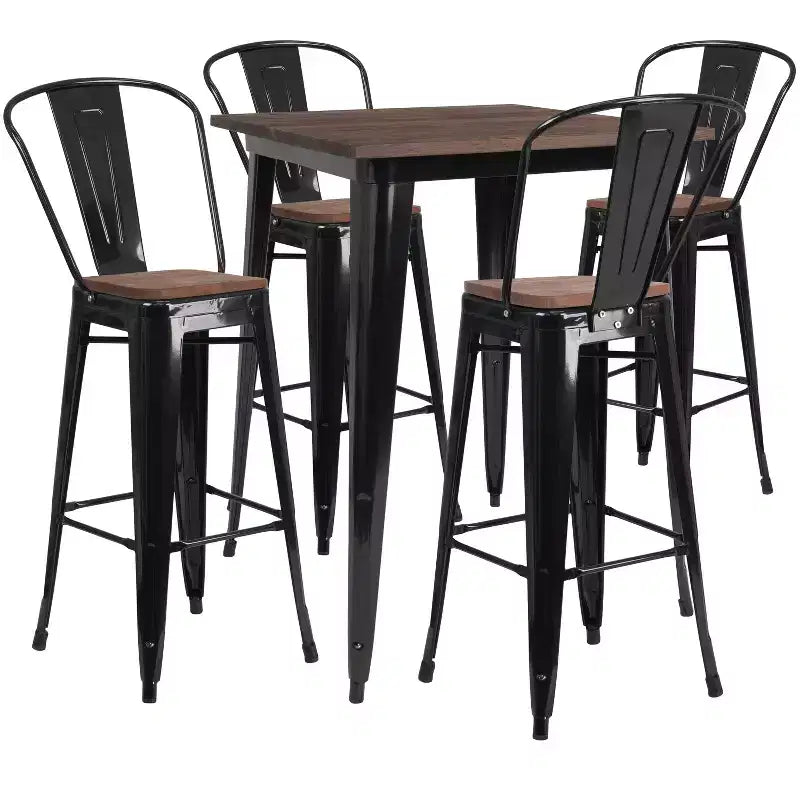 Emma and Oliver 31.5 Square Metal/Wood Bar Table Set - 4 Stools