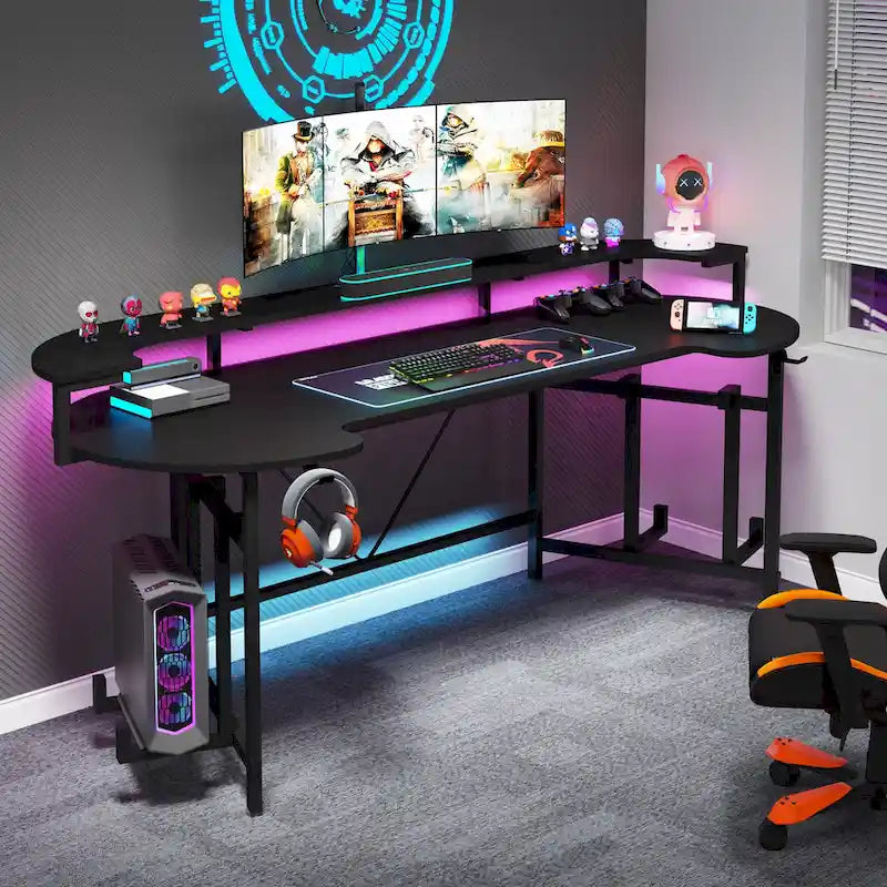 Scrivania da Gaming con Ripiano Monitor, Scrivania per PC Computer da 75 Pollici con Striscia LED