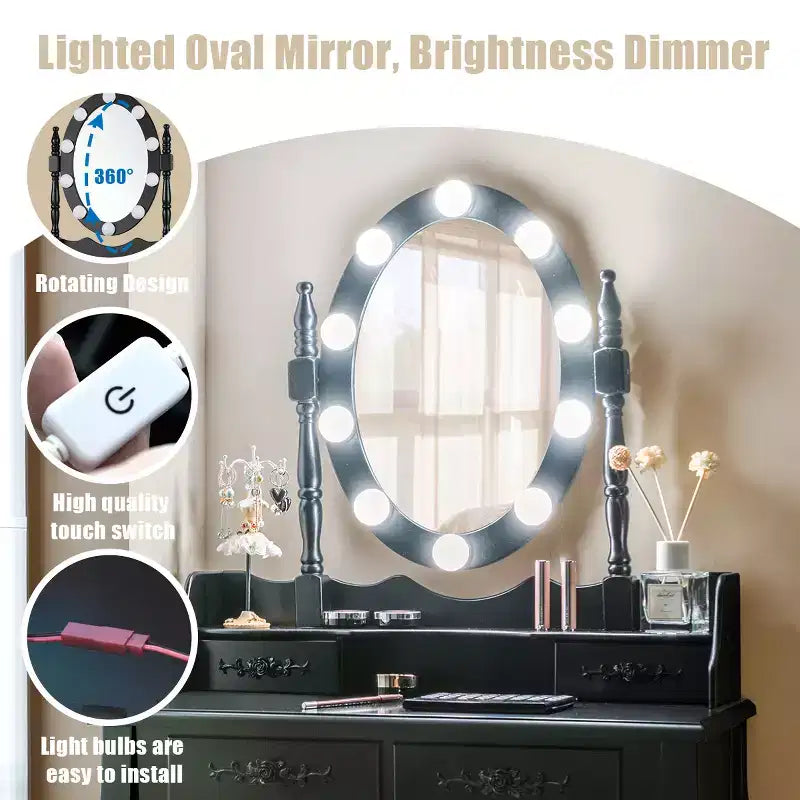 Costway Tavolo da trucco con 10 lampadine dimmerabili, nero, bianco, marrone