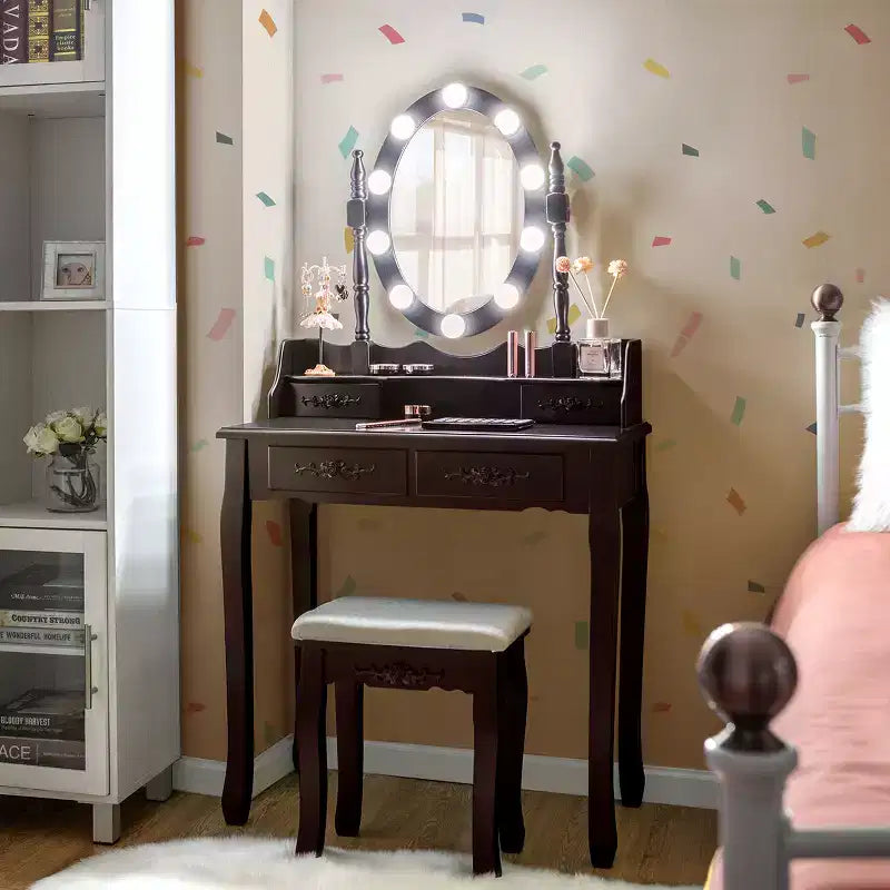 Costway Tavolo da trucco con 10 lampadine dimmerabili, nero, bianco, marrone