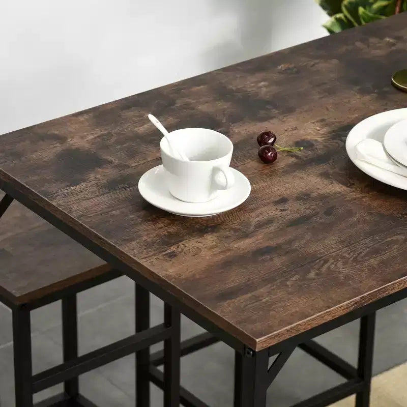 HOMCOM Set da Pranzo Industriale 5 Pezzi, Tavolo da Bar e 4 Sgabelli, Salvaspazio per Pub e Cucina, Nero/Marrone