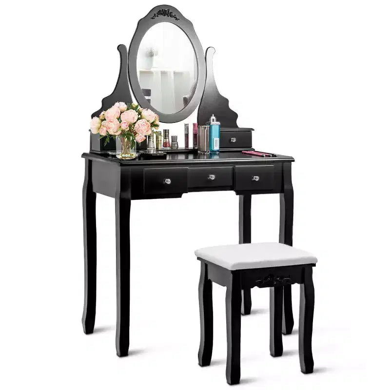 Costway Vanity Trucchi Gioielli Legno Set Toeletta Comò Sgabello Specchio & 5 Cassetti Nero