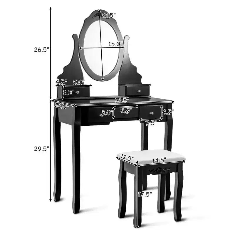 Costway Vanity Trucchi Gioielli Legno Set Toeletta Comò Sgabello Specchio & 5 Cassetti Nero